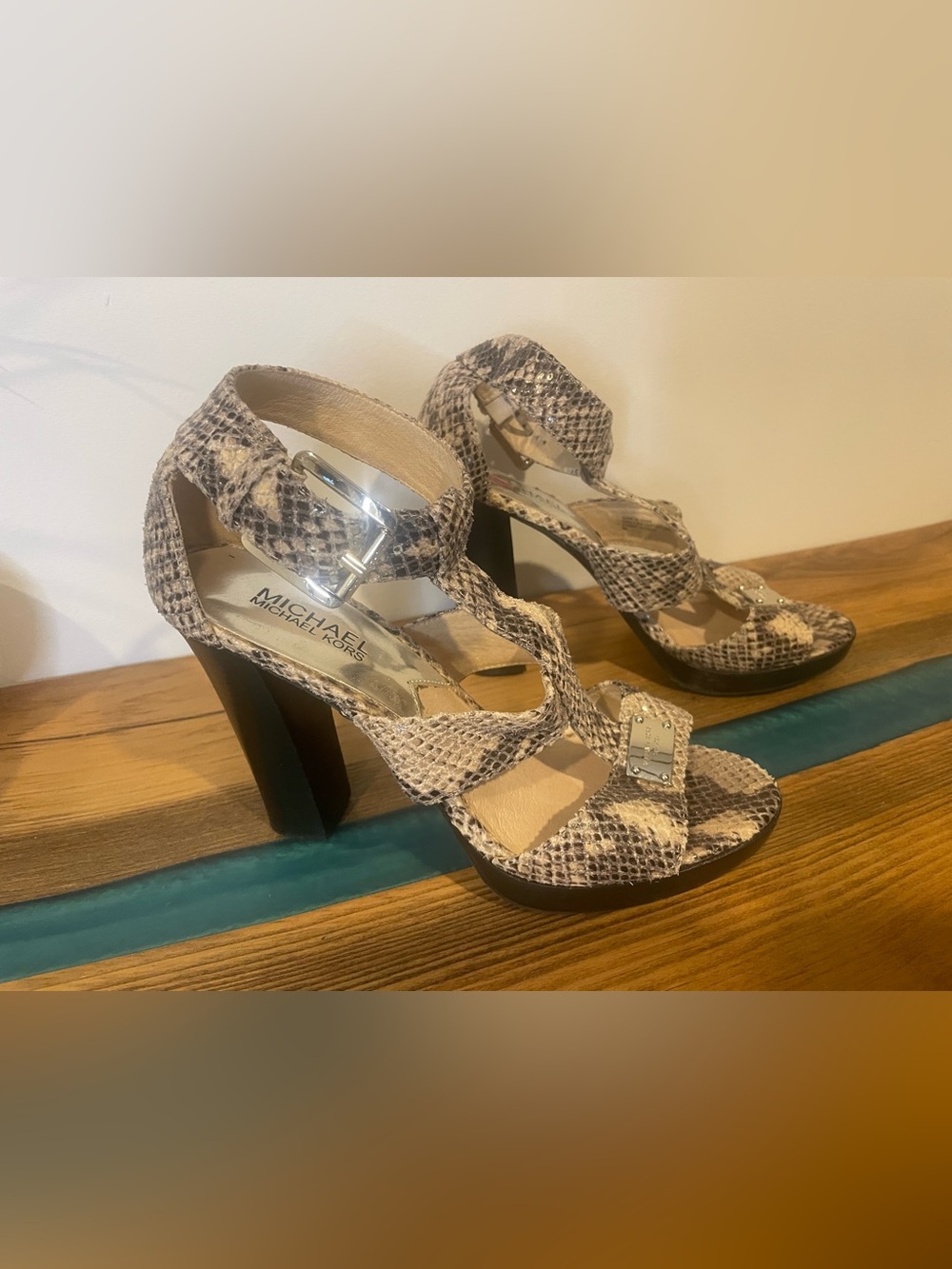 Michael Kors Snake-Print Platform High Heel Sandals in Neutral Taupe